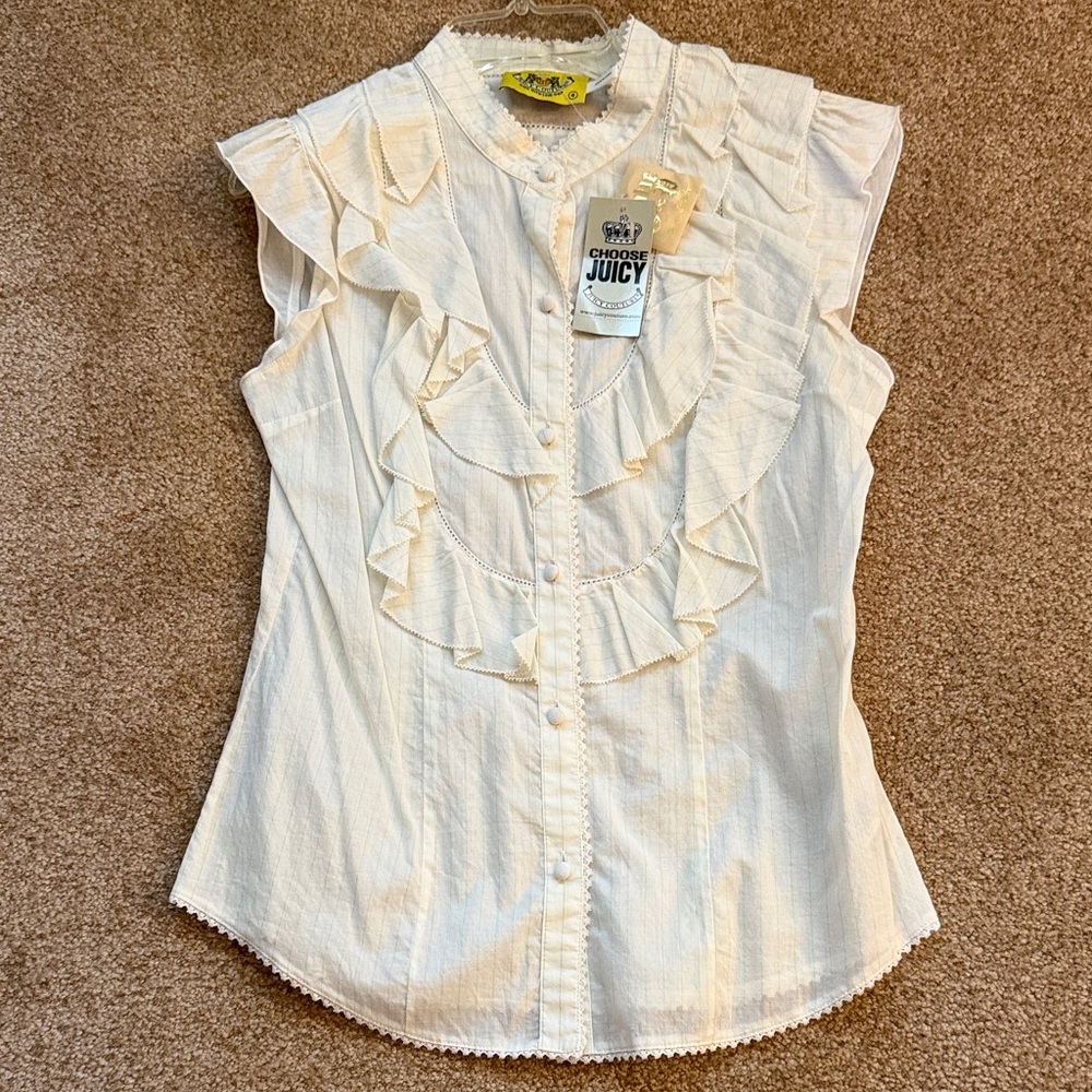 Juicy Couture Cream Ruffle Front Button Blouse with Green Pinstripes 4 NWT